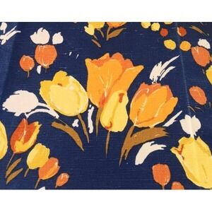 3 Yds Vtg 60s Upholstery Fabric Navy Blue Yellow Gold Floral Retro Cotton Drapes